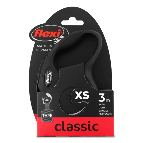 Повідець-рулетка для собак до 12 кг Flexi New Classic чорний стрічка, 3 м, в/ґ