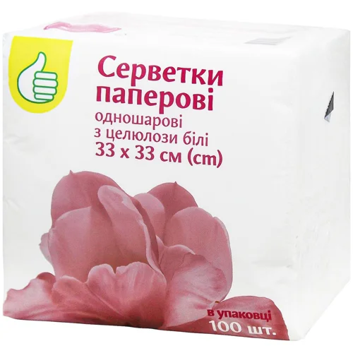 Серветки Auchan паперові одношарові білі 33х33см 100шт