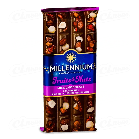 Шоколад молочний Millennium Fruits & Nuts мигдаль-лісовий горіх-журавлина-родзинки, 90г