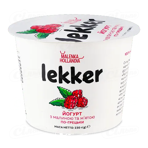 Йогурт Lekker з малиною та м'ятою по-грецькі 3%, 230г