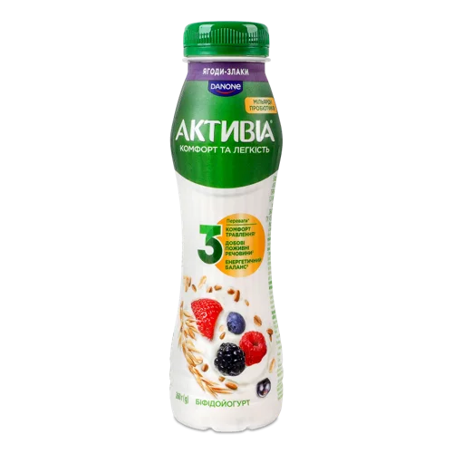 Біфідойогурт Питний 1.2% з Біфідобактеріями Actiregularis Ягоди-злаки Активіа п/пл, 260г