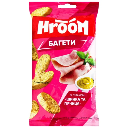 Сухарики Hroom! багетні зі смаком Шинка та гірчиця 60г