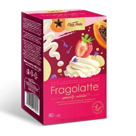 Чай 80г Своя Лінія зелений Fragolatte лист. ароматизований полуниці та вершків, з додатковими шматочками папайї, картонна упаковка