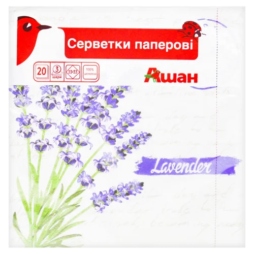 Серветки Auchan Квіти паперові трьохшарові 33х33см 20шт