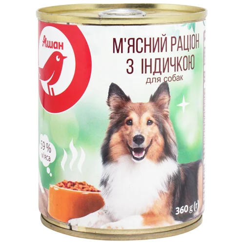 Корм вологий Auchan М'ясний раціон з індичкою для собак 360г