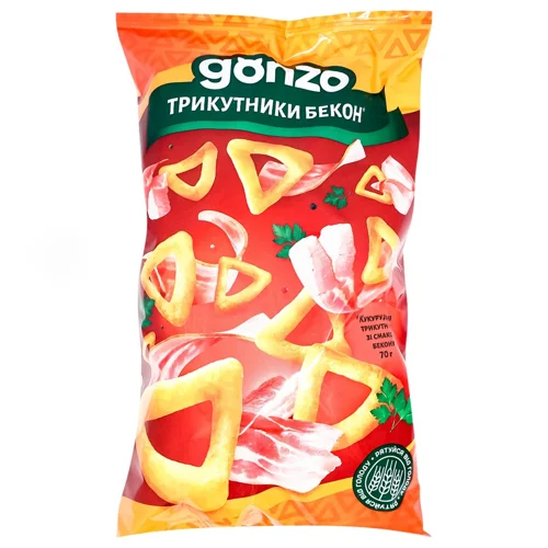 Снеки кукурудзяні Gonzo трикутники зі смаком бекону 70г