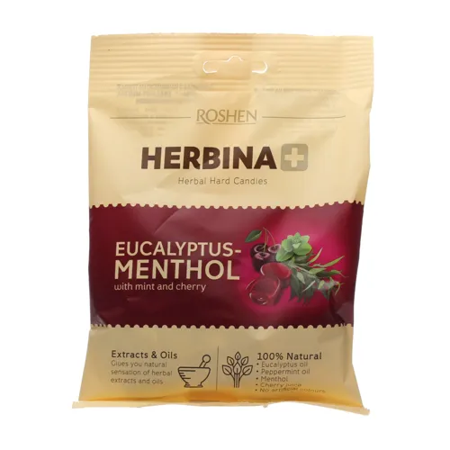 Карамель з начинкою на травах Eucalyptus-menthol з м'ятою та вишнею Herbina+ Roshen м/у 80г