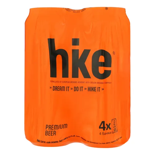 Пиво 4х0.5л 4.8% світле пастеризоване Premium Hike з/б