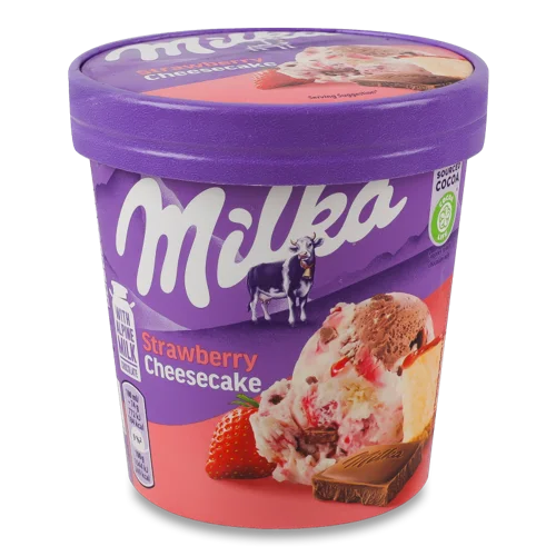Морозиво Полуничний Чізкейк Milka, відро 314г, с/в