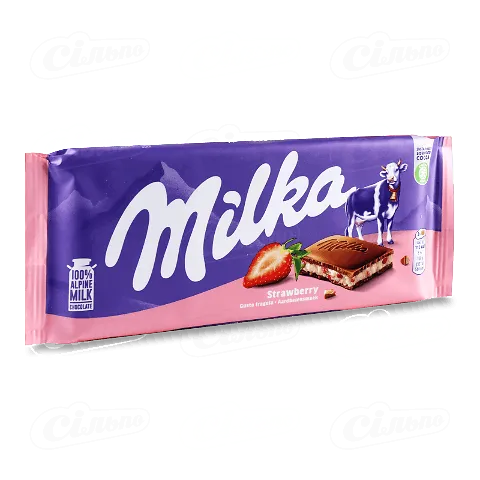 Шоколад молочний «Milka» з молочно-полуничною начинкою, 100г