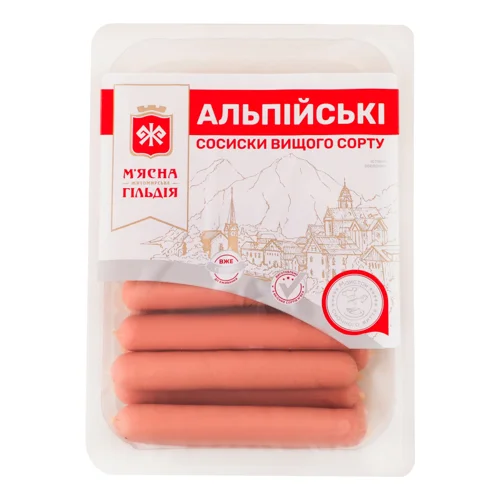 Сосиски Вищого Ґатунку Альпійські М'ясна Гільдія, в/с, 0.35 кг
