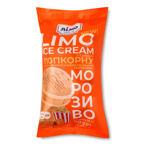Морозиво 10% Зі Смаком Попкорну Та Частинками Карамелізованого Попкорну В/ґ У Вафельному Стаканчику Лімо, 70г