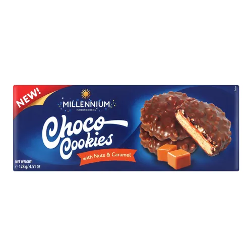 Печиво з карамеллю, сухими фруктами та горіхами у молочному шоколаді Choco Cookies Millennium 128г