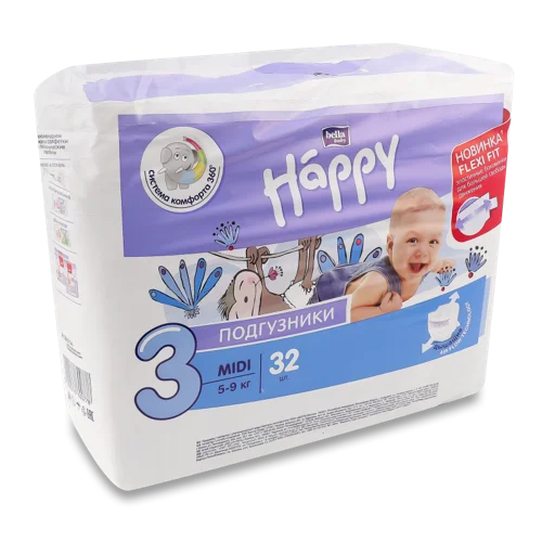 Підгузки БЕЛЛА Baby Happy Midi, 32 шт, 5-9 кг, в/ґ, пакунок