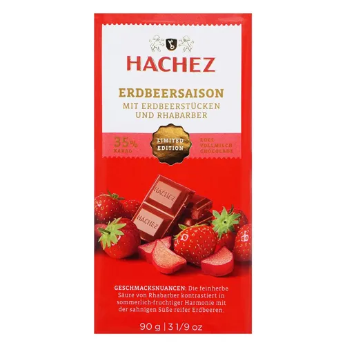 Шоколад Hachez молочний з ревенем та шматочками полуниці 90г