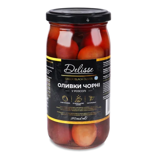 Оливки Чорні З Кісточкою У Розсолі Delisse, с/б 370мл