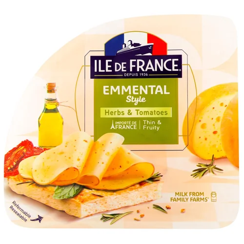Сир Ile de France Емменталь з травами і томатами нарізаний 150г