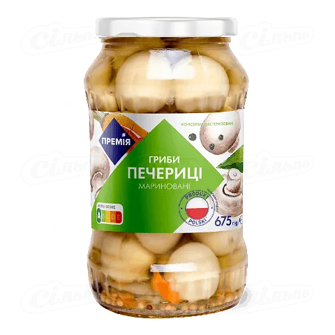 Гриби «Премія»® Печериці мариновані цілі стерилізовані, 675г