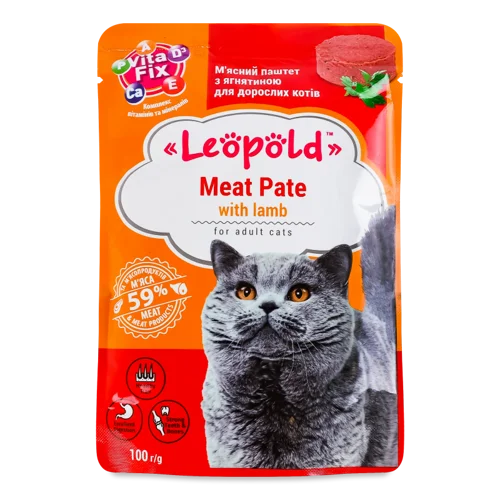 Корм Консервований Для Дорослих Котів М'ясний Паштет З Ягнятиною Leopold, В/К, 100г