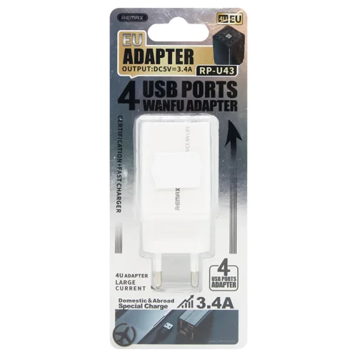 Зарядний пристрій Remax білий 4 USB 3.4A RP-U43