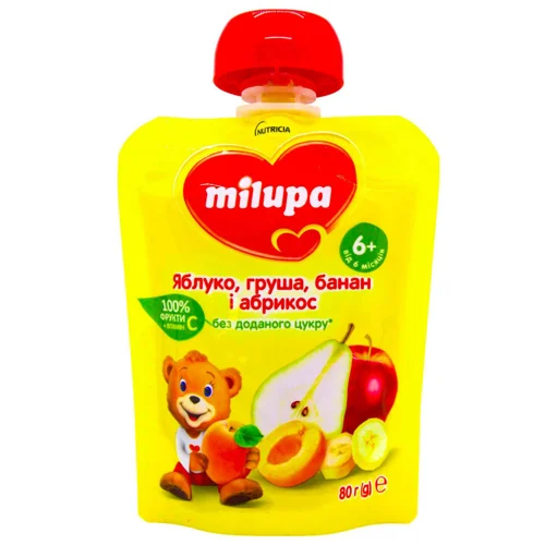 Пюре фруктове Milupa Яблуко-Груша-Банан-Абрикос для дітей з 6 місяців 80г
