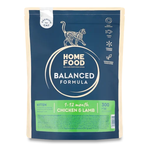 Корм для кошенят Premium Balanced Formula Курочка та ягня, сухий, 300 г, Home Food