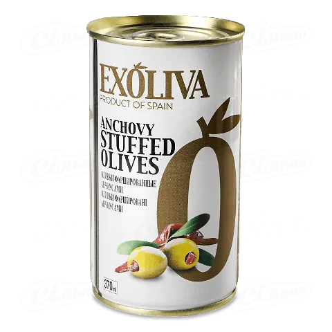 Оливки Exoliva зелені фаршировані анчоусом, 370мл
