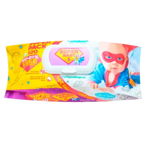 Серветки вологі Super Baby Ромашка та алое вера 120шт