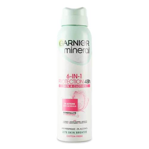 Дезодорант-антиперспірант 6in1 Cotton Fresh Protection Garnier Mineral, пластикова пляшка 150мл