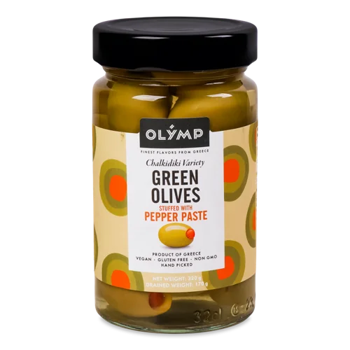 Зелені Оливки Фаршировані Перцевою Пастою у Розсолі, Скляна Банка, Вищого Ґатунку, 320г