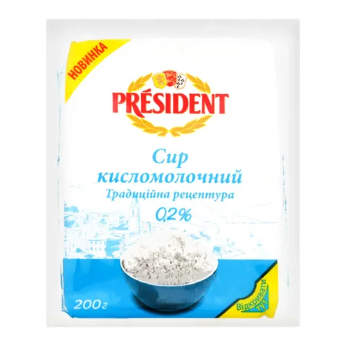 Сир кисломолочний 0.2% Традиційна рецептура President м/у 200г