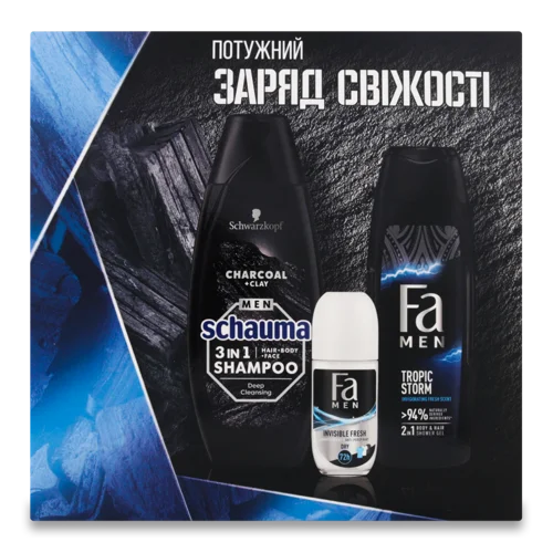 Косметичний Набір: Шампунь Charcoal+Clay Shauma, Гель для Душу Tropic Storm, Антиперспірант Invisible Fresh Fa Men, 1 шт