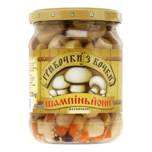 Шампіньйони мариновані Грибочки з бочки с/б 450г