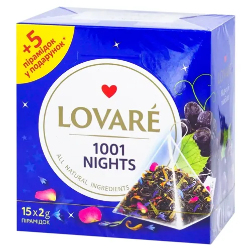 Чай Lovare 1001 ніч суміш чорного та зеленого в пірамідках 15*2г