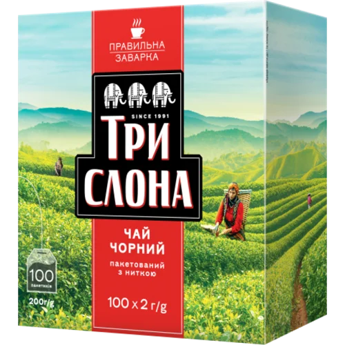 Три слона Чай чорний 1.5г*100, пакет, "Чорний", ТРИ СЛОНА