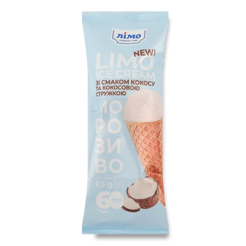 Морозиво 10% З Смаком Кокосу Та Кокосовою Стружкою, Вафельний Ріжок, Лімо м/у 65г