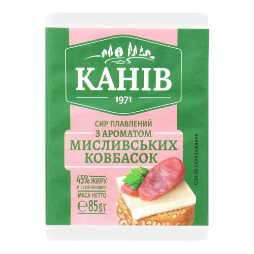 Сир плавлений 45% з ароматом мисливських ковбасок Канів 1971 м/у 85г