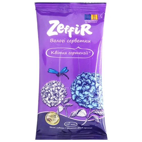 Серветки вологі ZeffiR з ароматом квітів гортензії 15шт