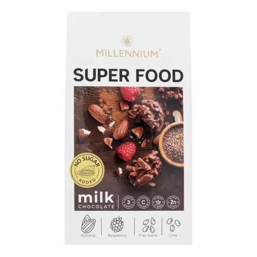 Цукерки шоколадні молочні з мигдалем, малиною, льоном та чіа з підсолоджувачем Super Food Millennium к/у 80г