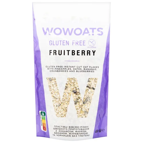 Пластівці вівсяні Wowoats Fruitberry швидкого приготування різані з ананасом, фініком, бананом, журавлиною та чорницею без глютену 450г