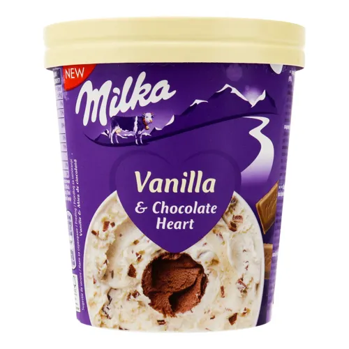 Морозиво ванільне з шоколадним мусом та шматочками молочного шоколаду Vanilla&Chocolate heart Milka ст 319г