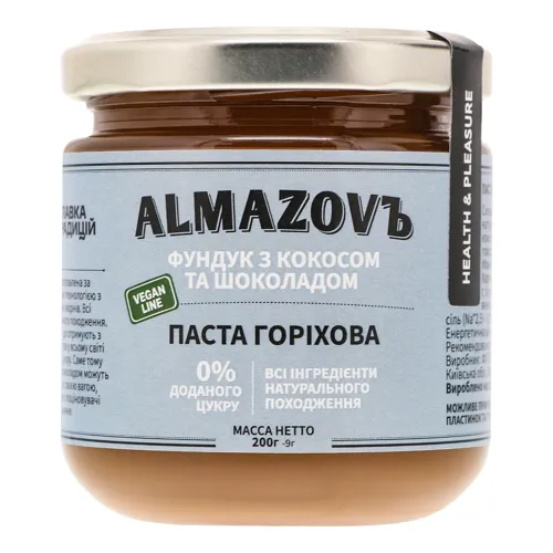 Паста горіхова Фундук з кокосом та шоколадом Almazovъ с/б 200г