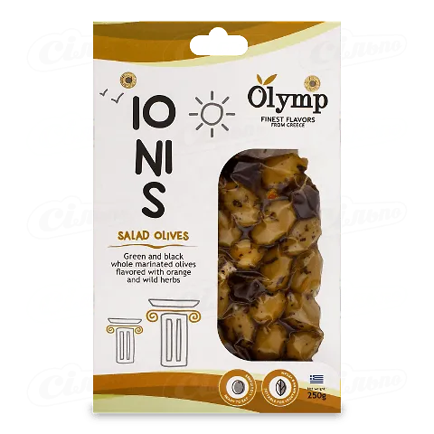 Оливки Olymp мікс зелені та чорні з перцем, травами й апельсином, 250г