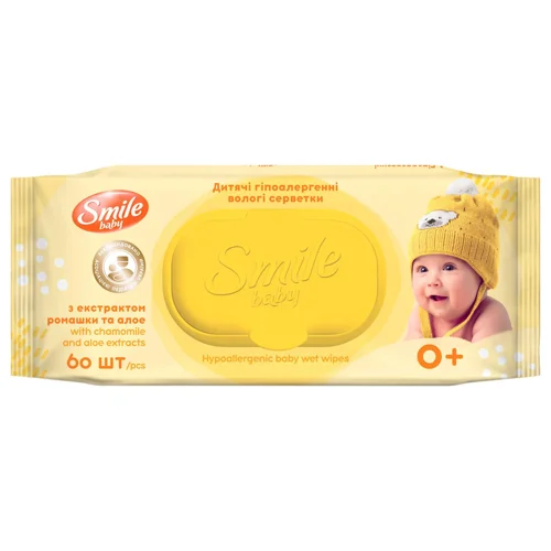 Серветки вологі Smile Baby Екстракт ромашки і алое клапан 60шт