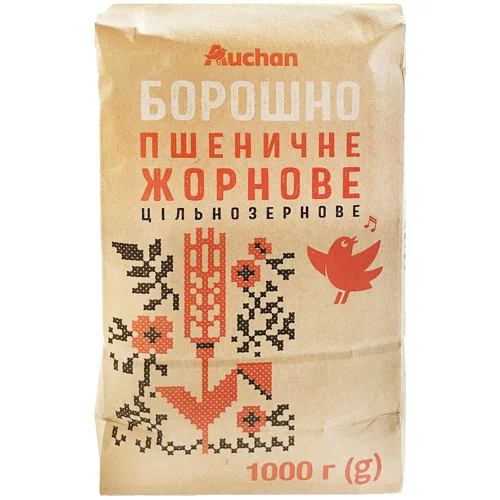 Борошно Auchan пшеничне жорнове цільнозернове 1кг