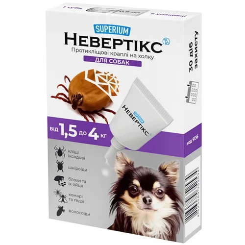 Краплі на холку Superium Nevertix для собак від 1,5 до 4кг від зовнішніх паразитів 1 піпетка
