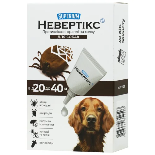 Краплі на холку Superium Nevertix для собак від 20 до 40кг від зовнішніх паразитів 1 піпетка