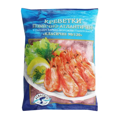 Креветки в панцирі Класичні 90/120 Північно-Атлантичні Albatros вищого ґатунку м/у 900г