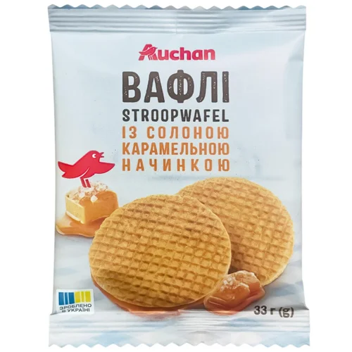 Вафлі Auchan Stroopwafel із солоною карамельною начинкою 33г