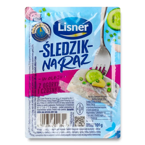 Оселедець Lisner порційний з огіроком та часником в олії,100г